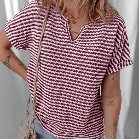 Women's Casual V-Neck Striped Top - Large, Red Stripe - Picture 2 of 5
